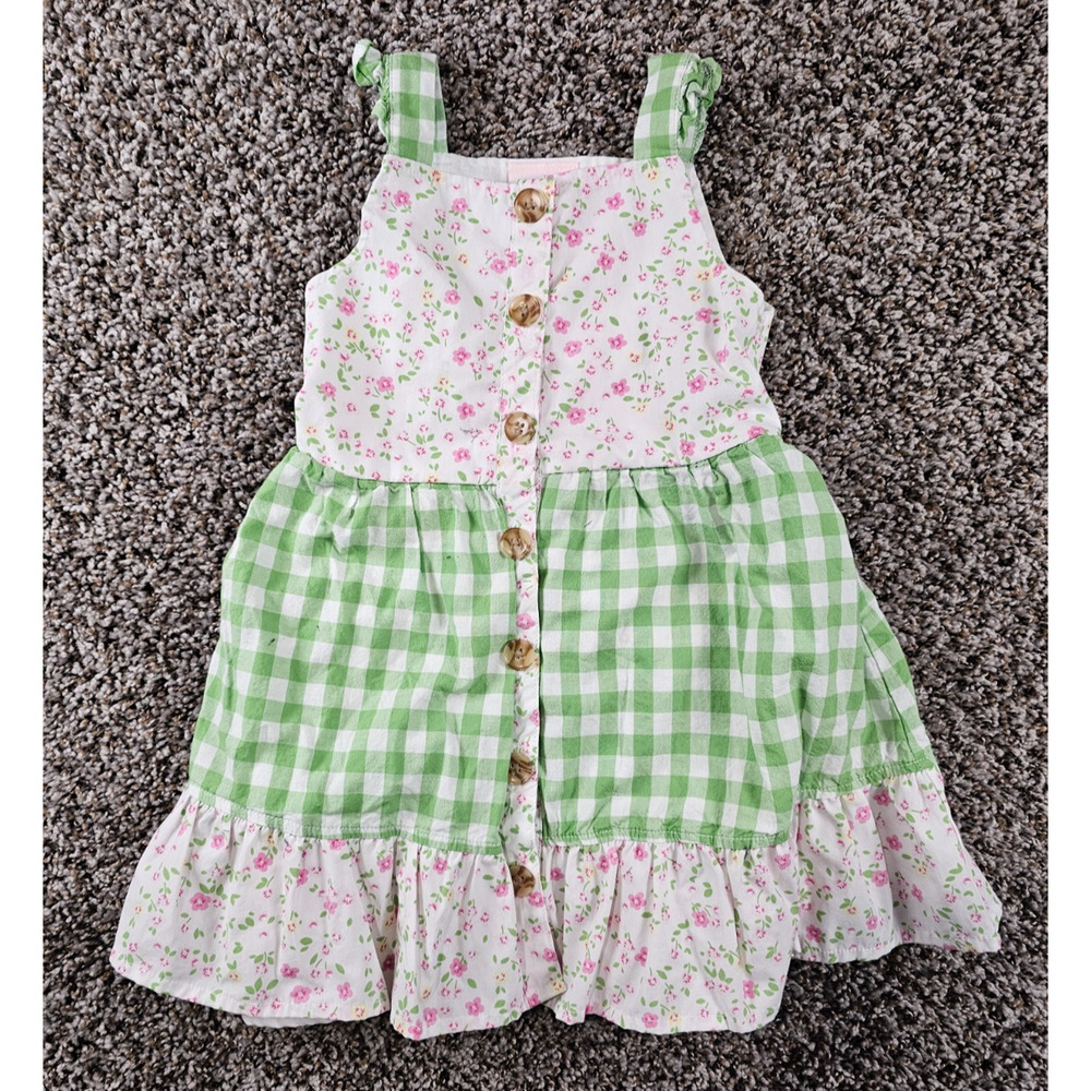 Little Lass Toddler Girls Sz 4T Sleeveless Gingham Summer Dress Green Pink